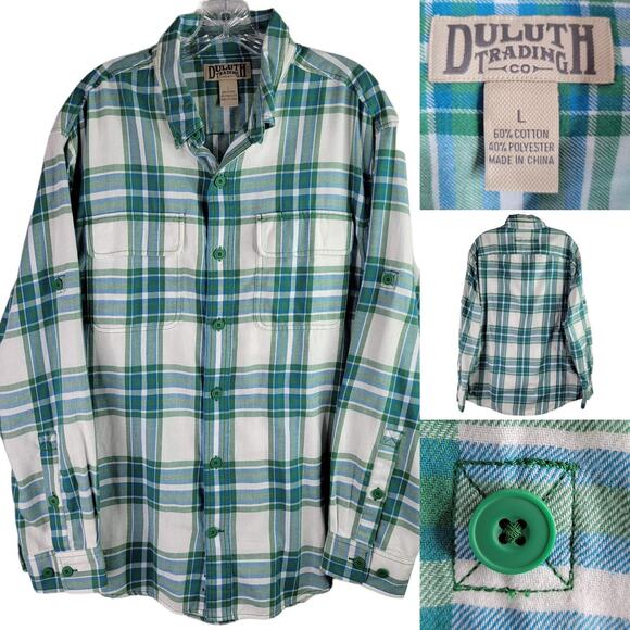 Duluth Trading Shirt Mens Large L Flannel Blue Green Plaid Long Sleeve Button Up - Picture 1 of 9